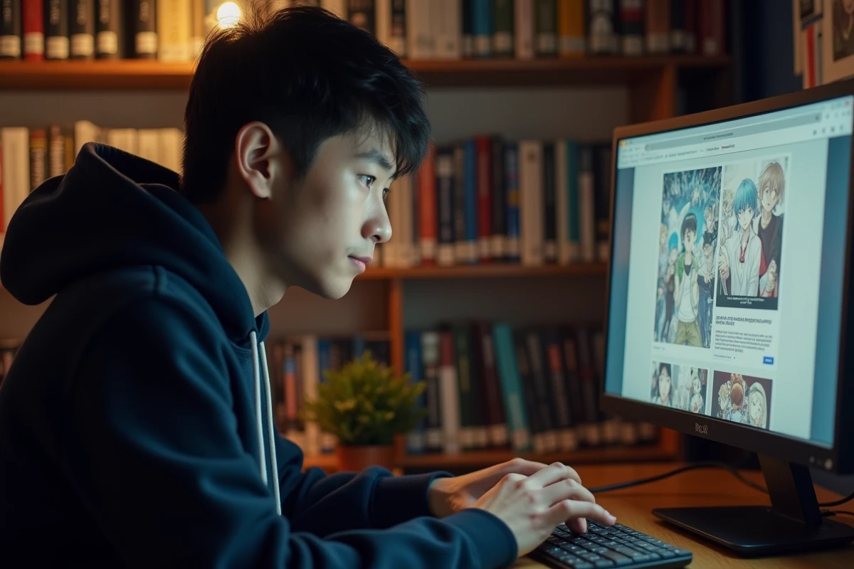 Jeune homme accédant à un site de scans manga depuis son bureau à domicile avec un VPN sécurisé