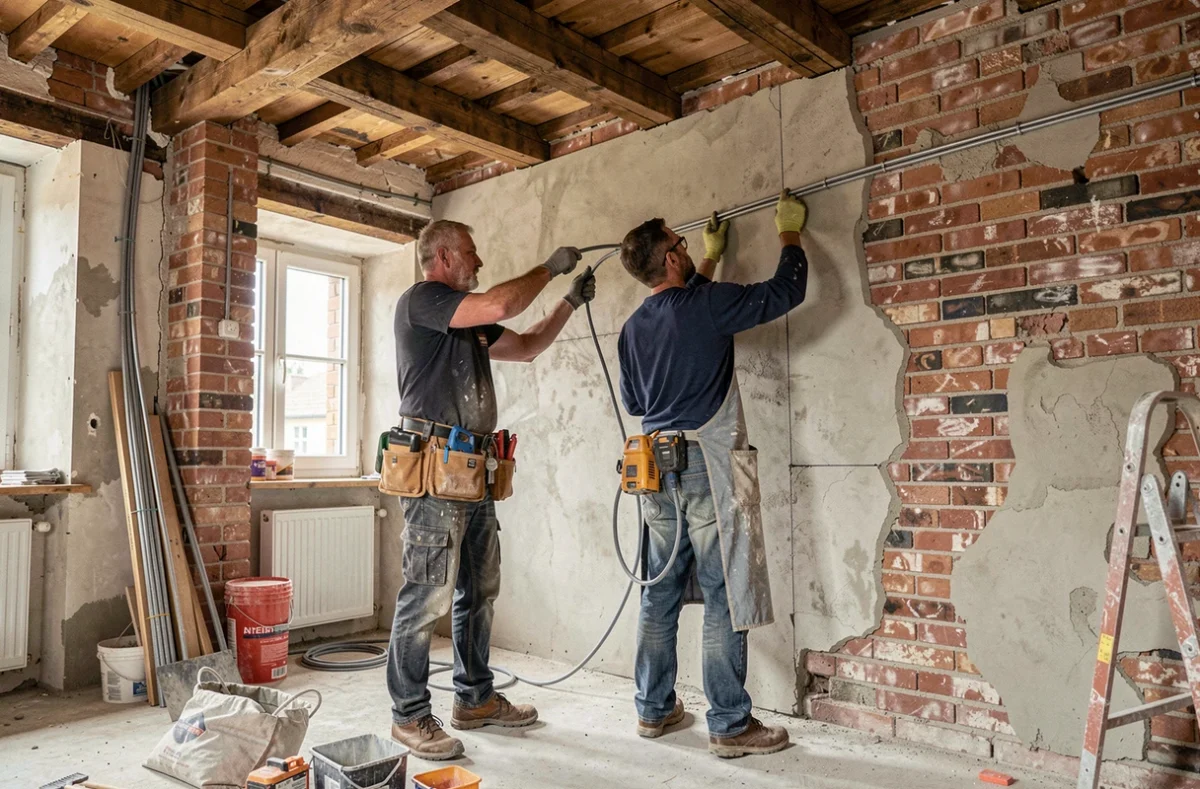 Équipe multi-corps d'état d'ALP Construction réalisant des travaux électriques et de gros œuvre dans une maison en rénovation