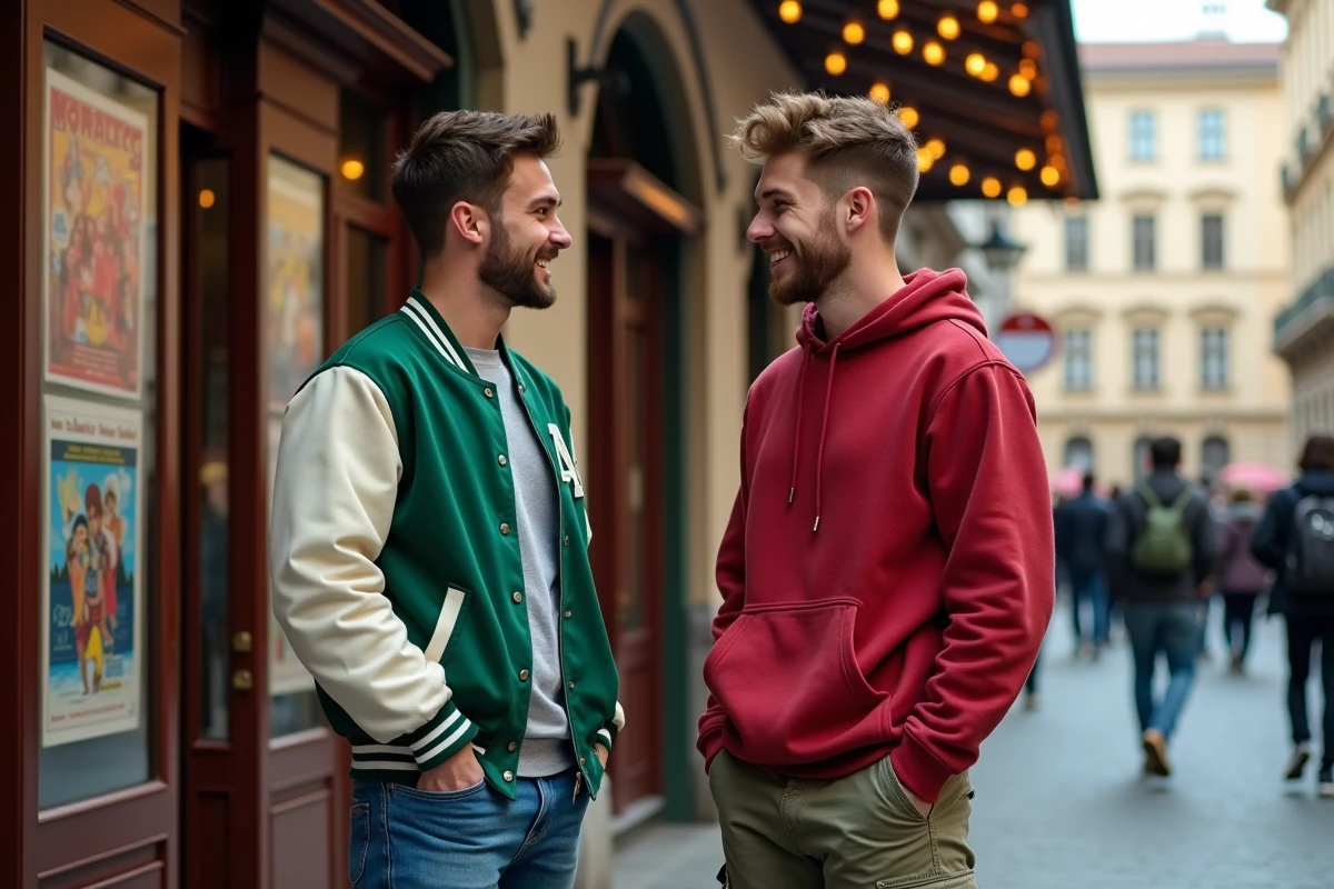 Deux amis discutent devant un cinema européen coloré