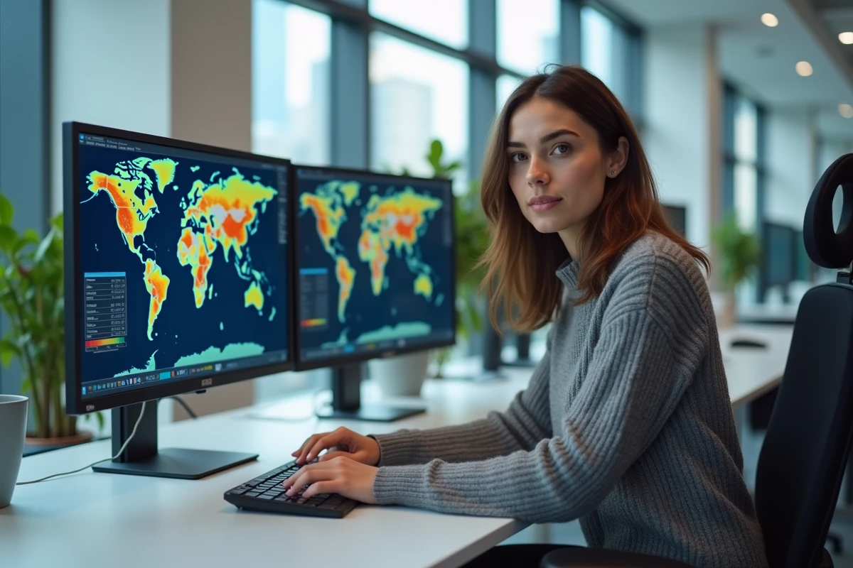 Analyste de données comparant des cartes choroplèthes et des tableaux de superficie de pays sur deux écrans dans un bureau moderne