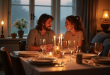 Couple célébrant leur anniversaire de mariage dans un salon moderne