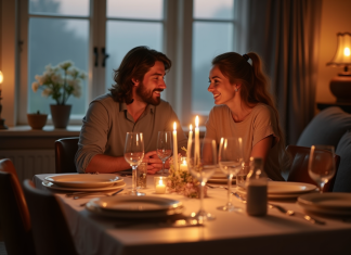 Couple célébrant leur anniversaire de mariage dans un salon moderne