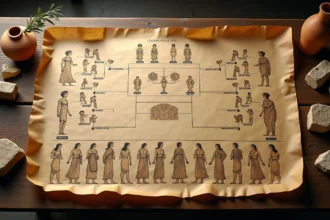 Arbre généalogique manuscrit de la mythologie grecque sur parchemin ancien entouré de figurines en terre cuite et fragments de pierre