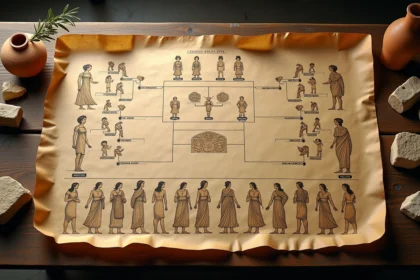 Arbre généalogique manuscrit de la mythologie grecque sur parchemin ancien entouré de figurines en terre cuite et fragments de pierre