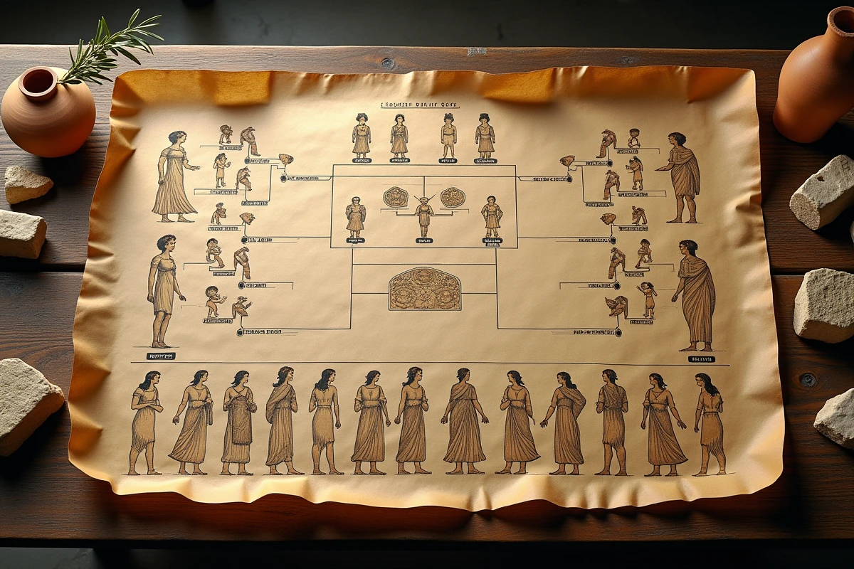 Arbre généalogique manuscrit de la mythologie grecque sur parchemin ancien entouré de figurines en terre cuite et fragments de pierre