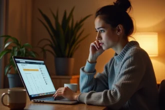 Femme consultant l'historique de ses commandes Amazon sur un ordinateur portable dans un bureau à domicile