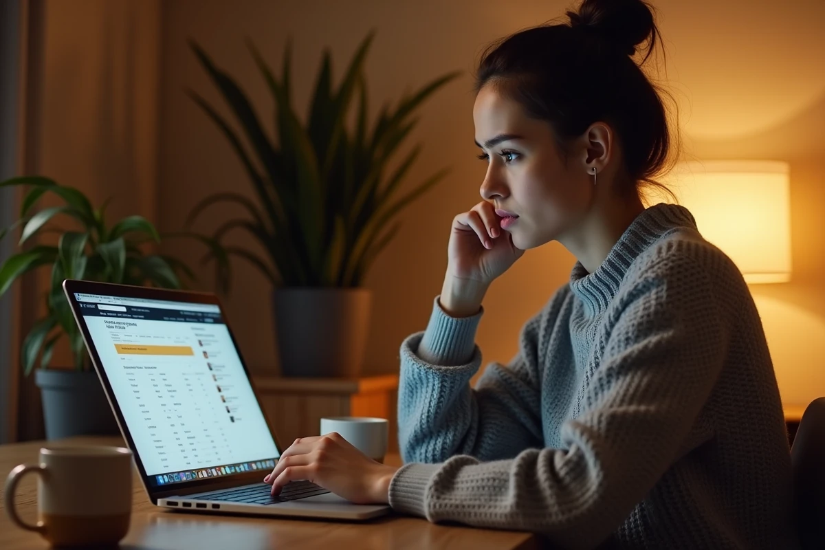 Femme consultant l'historique de ses commandes Amazon sur un ordinateur portable dans un bureau à domicile