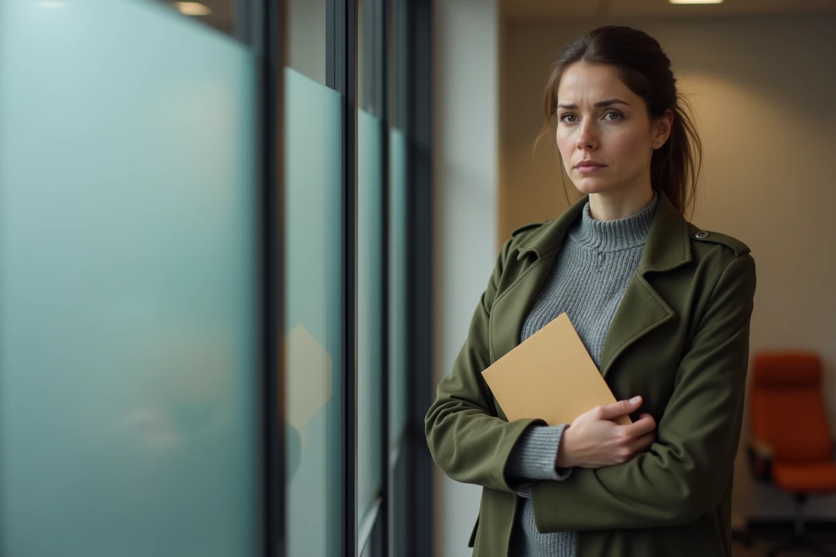 Femme attendant dans une salle d'attente d'aide juridique tenant des documents relatifs à une mesure d'éloignement