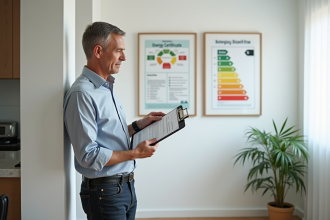 Auditeur énergie étudiant un certificat dans un salon moderne