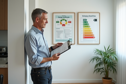 Auditeur énergie étudiant un certificat dans un salon moderne