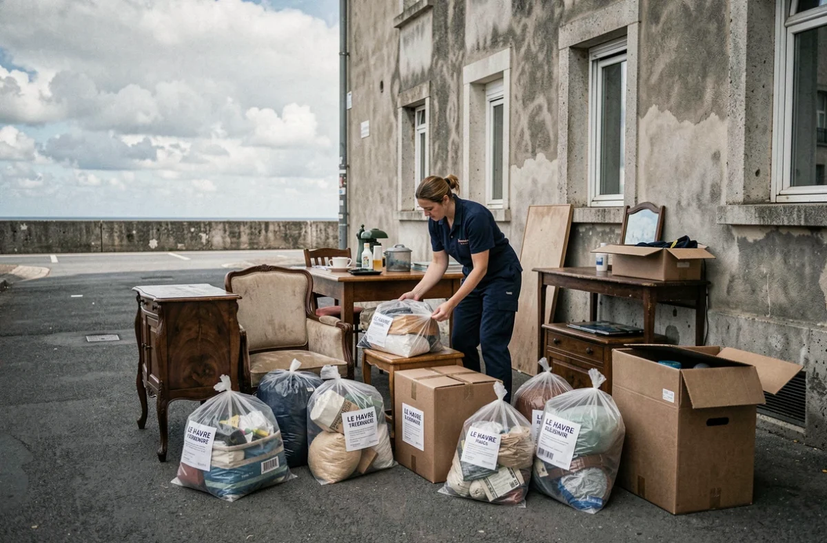 Débarrasseur Aux Débarras triant des objets ménagers sur le trottoir au Havre