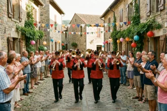 Banda musicale en uniformes rouges défilant sur la place d'un village de l'Aveyron lors d'une fête estivale traditionnelle