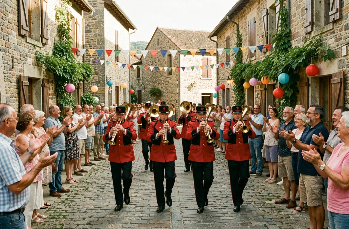 Banda musicale en uniformes rouges défilant sur la place d'un village de l'Aveyron lors d'une fête estivale traditionnelle