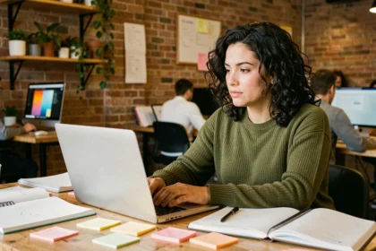Bénévole du numérique travaillant sur une interface web dans un espace de coworking