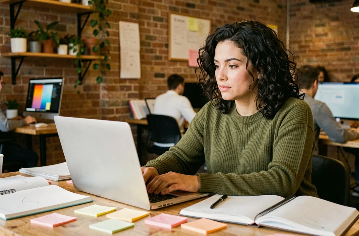 Bénévole du numérique travaillant sur une interface web dans un espace de coworking