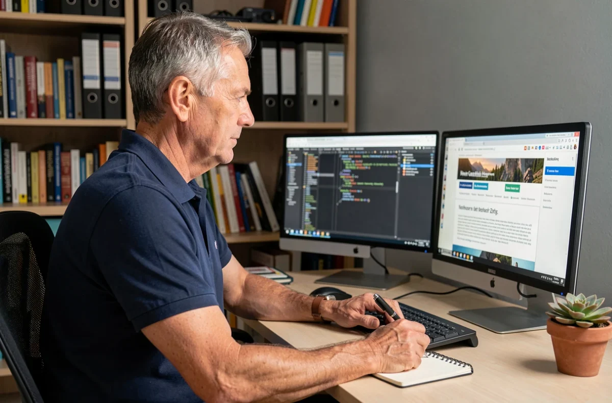 Bénévole numérique senior travaillant sur le site web d'une association depuis son bureau à domicile