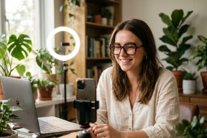 Blogueuse mode portant ses premières lunettes carrées écailles de tortue, filmant un contenu pour les réseaux sociaux dans un bureau à domicile chaleureux
