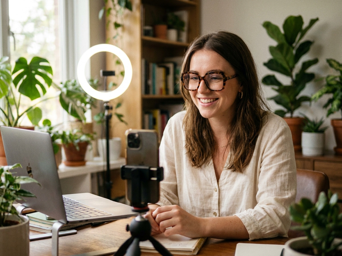 Blogueuse mode portant ses premières lunettes carrées écailles de tortue, filmant un contenu pour les réseaux sociaux dans un bureau à domicile chaleureux
