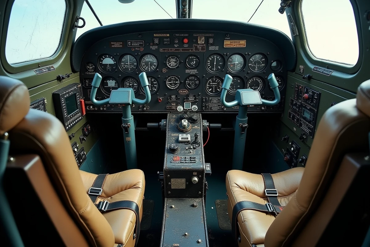 Poste de pilotage du Boeing B-17F Flying Fortress avec instruments analogiques, manches à balai et harnais en cuir usé