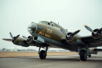Boeing B-17F Flying Fortress en vue grand angle sur une piste d'aérodrome historique, livrée olive drab avec marquages USAAF