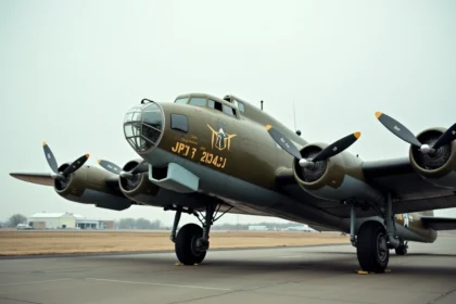 Boeing B-17F Flying Fortress en vue grand angle sur une piste d'aérodrome historique, livrée olive drab avec marquages USAAF