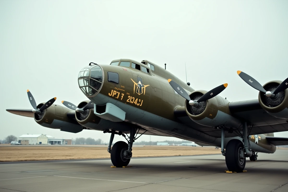 Boeing B-17F Flying Fortress en vue grand angle sur une piste d'aérodrome historique, livrée olive drab avec marquages USAAF