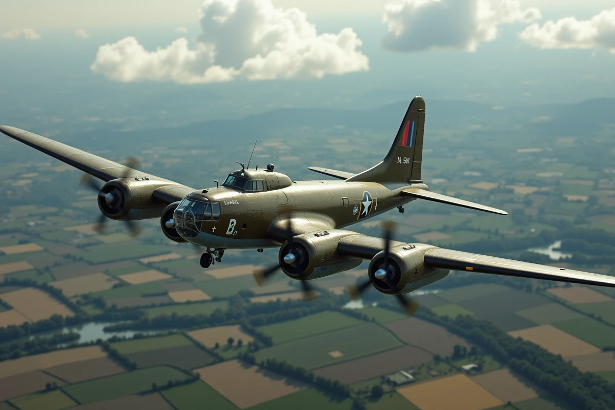 Boeing B-17F Flying Fortress en vol à basse altitude vue depuis un avion escorte, campagne en arrière-plan