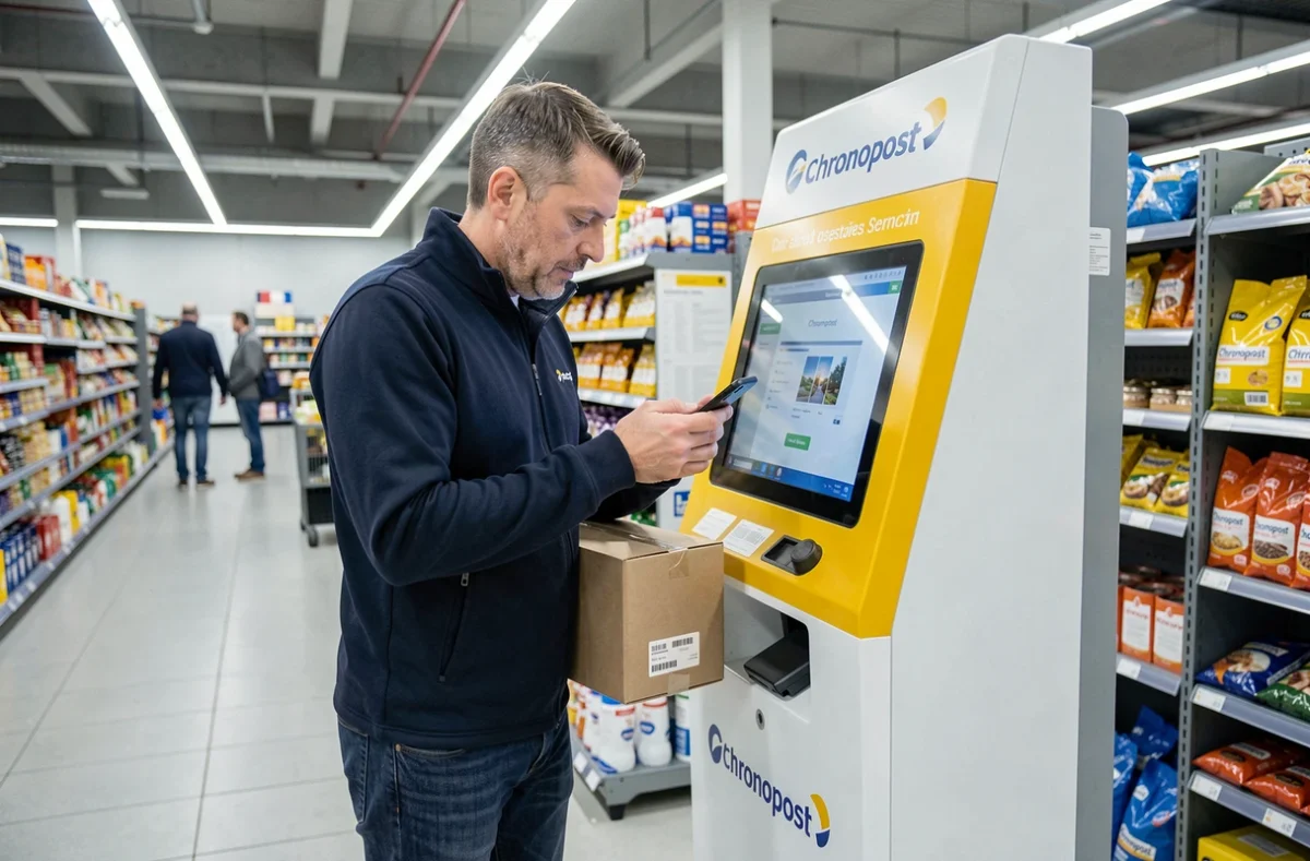 Homme utilisant une borne automatique Chronopost en supermarché pour déposer un colis