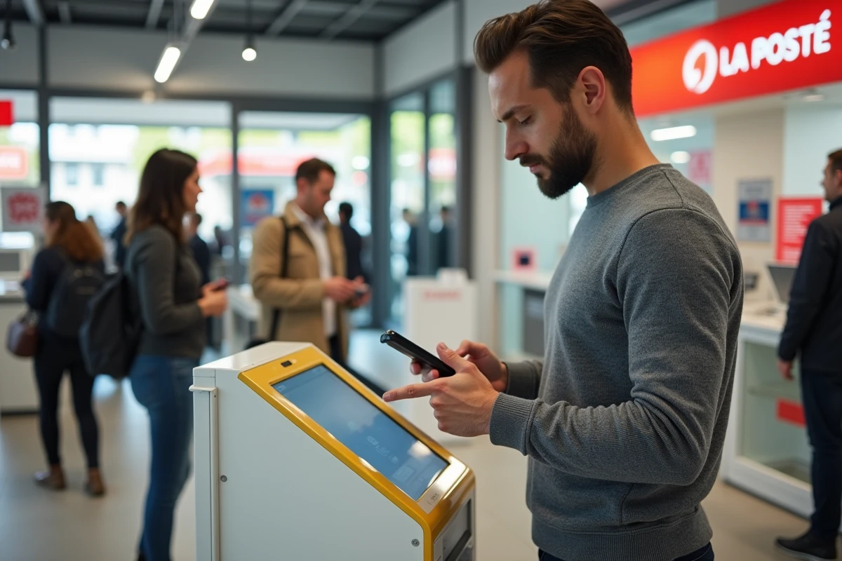 Homme utilisant une borne en libre-service pour imprimer un document urgent dans un bureau de La Poste