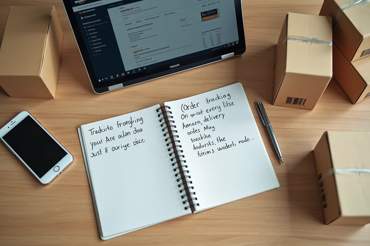 Vue aérienne d'un bureau avec un ordinateur ouvert sur Amazon, un carnet de notes et des colis de livraison empilés