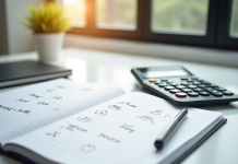 Bureau blanc avec calculatrice et cahier de maths lumineux