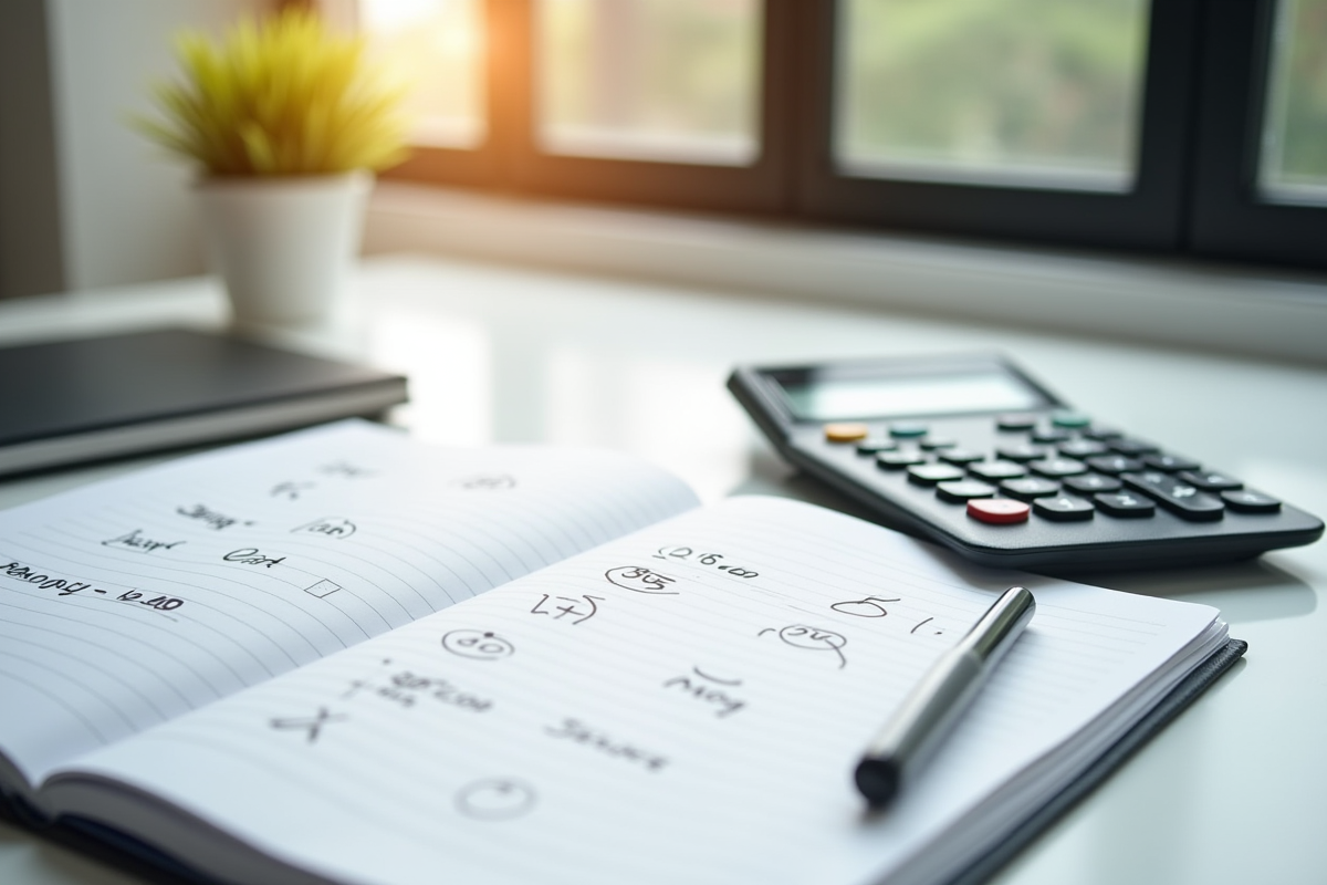 Bureau blanc avec calculatrice et cahier de maths lumineux