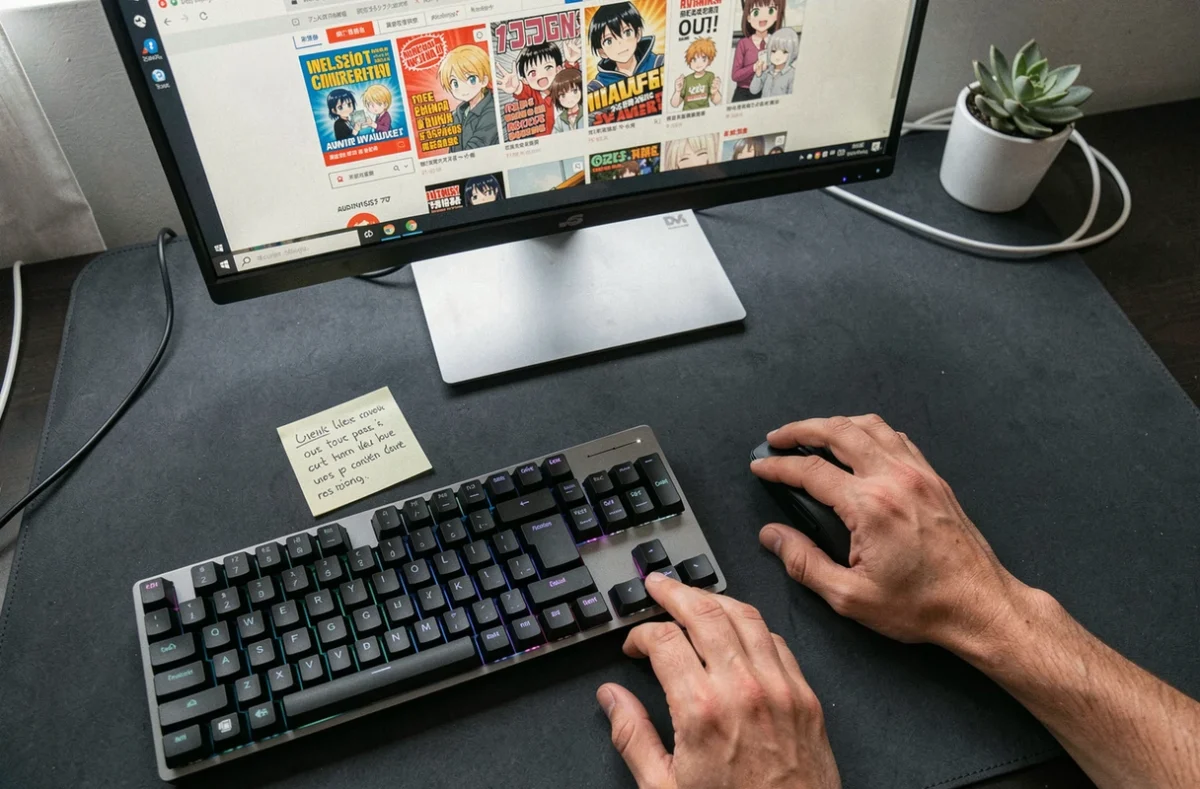 Gros plan sur un bureau informatique avec un écran affichant un site de scan One Piece avec publicités suspectes et antivirus actif