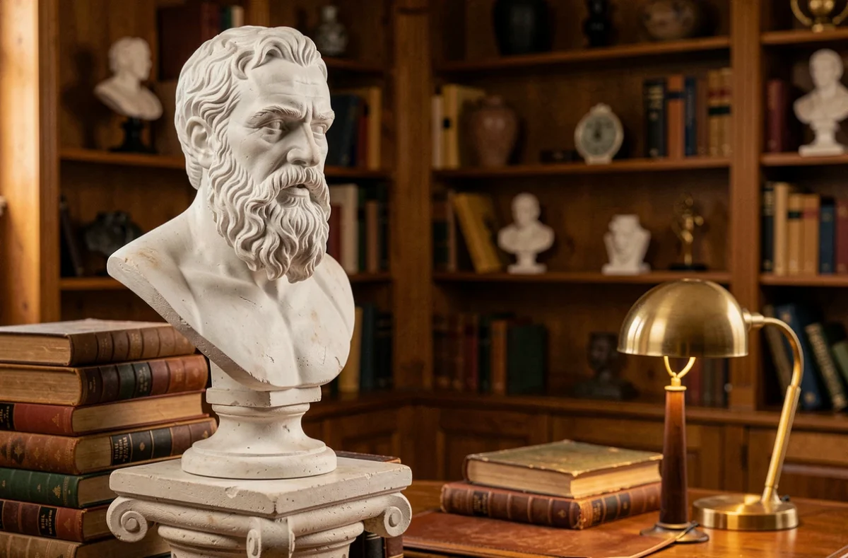Buste grec en plâtre blanc posé sur un piédestal en pierre dans un bureau bibliothèque avec étagères en bois