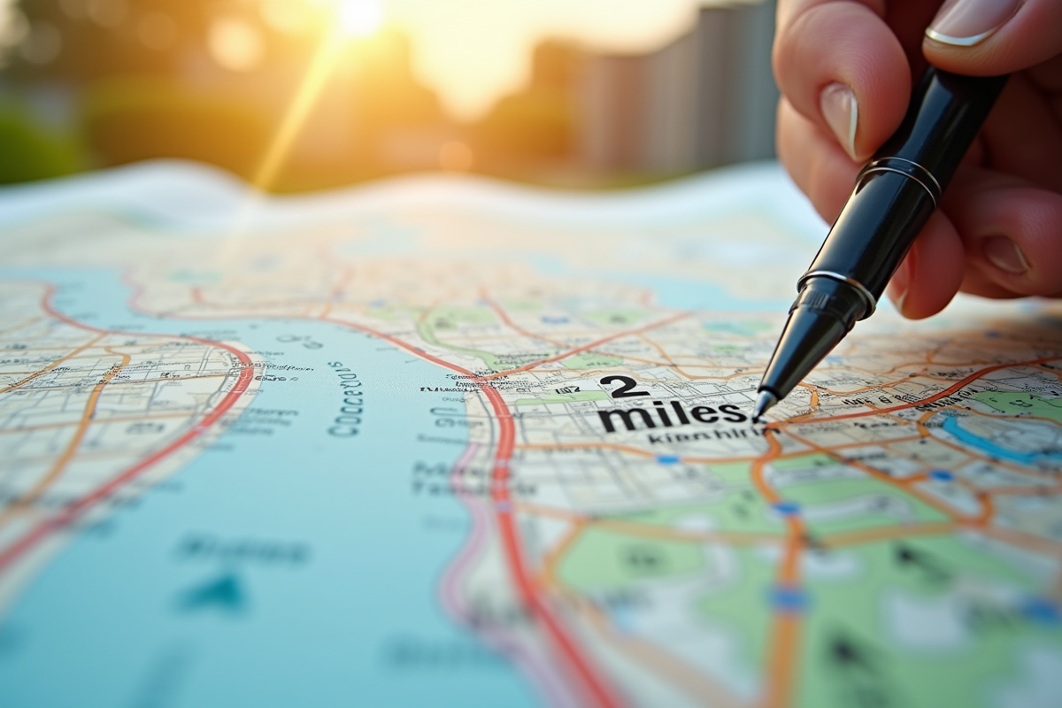Plan de ville avec une règle indiquant 2 miles et conversion