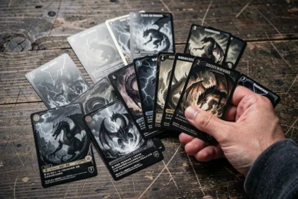 Cartes de jeu Foudre Noire et Flamme Blanche disposées en éventail sur une table en bois sombre