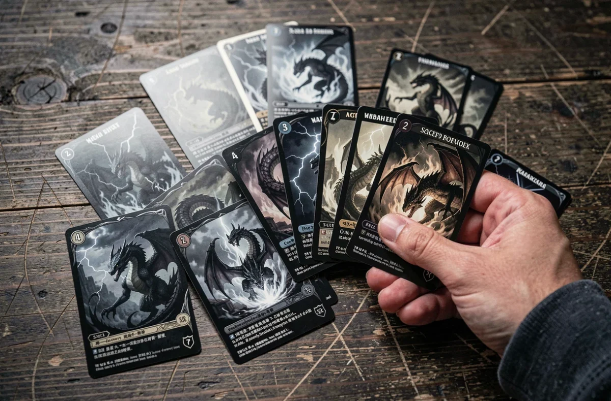 Cartes de jeu Foudre Noire et Flamme Blanche disposées en éventail sur une table en bois sombre