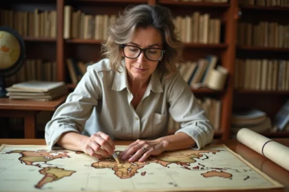 Cartographe mesurant des distances sur une grande carte du monde étalée sur une table à dessin en bois dans un bureau de géographie