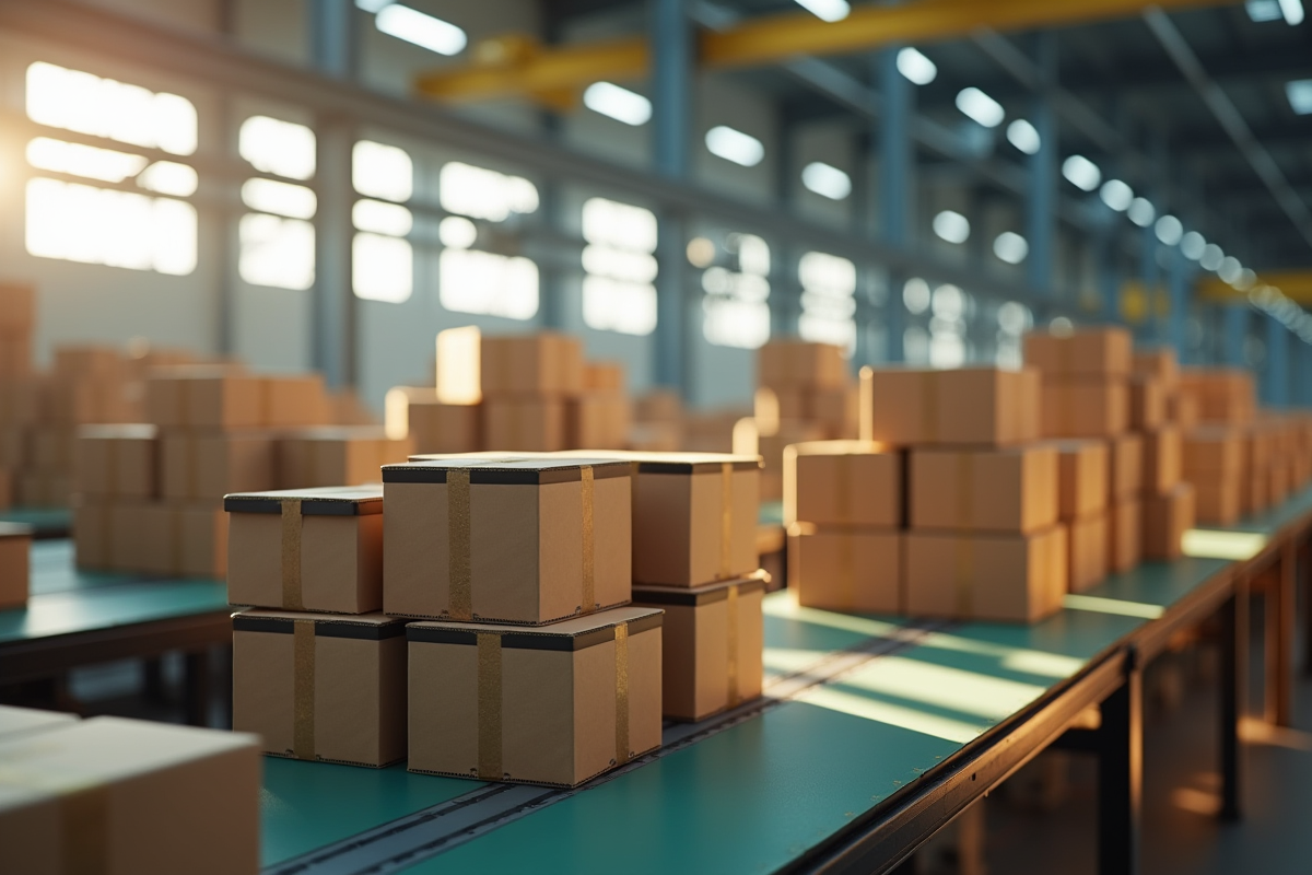 Ligne de production industrielle avec produits et cartons prêts à expédier