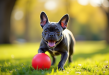 Bouledogue français bleu jouant avec une balle rouge en plein air