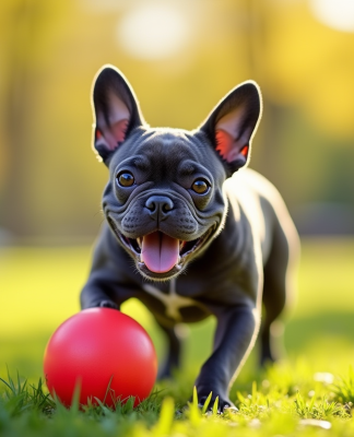 Bouledogue français bleu jouant avec une balle rouge en plein air