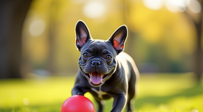 Bouledogue français bleu jouant avec une balle rouge en plein air