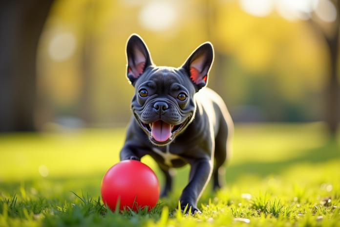 chien-bulldog-bleu-jouant-balle Bouledogue français bleu jouant avec une balle rouge en plein air