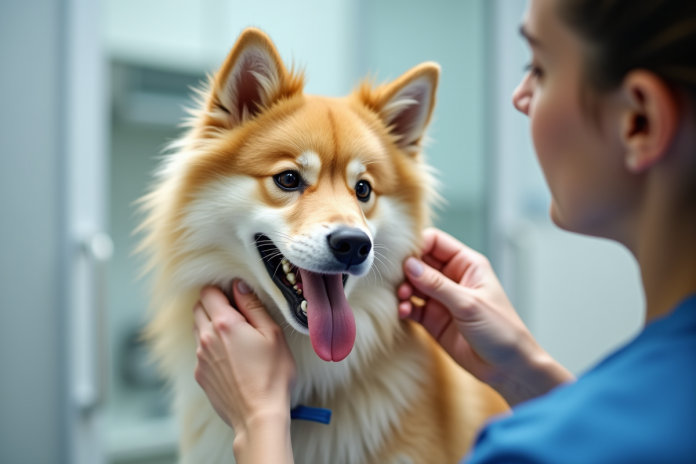 chien-sain-veterinaire-clinique Chien Finnish Spitz en soin dans une clinique moderne