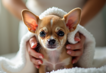Petit chiot chihuahua mouille apres bain avec mains