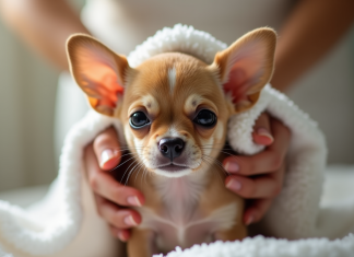 Petit chiot chihuahua mouille apres bain avec mains