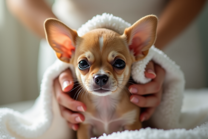 chiot-chihuahua-bain Petit chiot chihuahua mouille apres bain avec mains