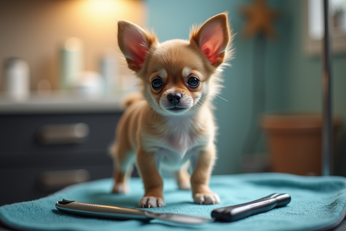 Chiot chihuahua sur table de toilettage avec outils