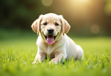 Chiot labrador jaune sur pelouse verte en plein jour