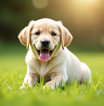 Chiot labrador jaune sur pelouse verte en plein jour